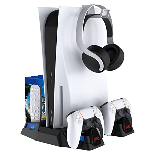 para PS5 Soporte Vertical con Estación de Carga de Controlador, Base de Ventilador de Refrigeración con Cargador de Controlador Dual Compatible con PS5 Consola con Soporte para Auriculares(#1)