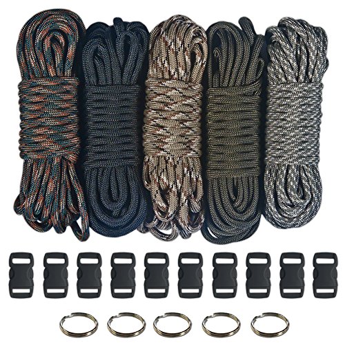 Paracord 550 Kit - Five Colors (Olive Drab, ACU, Woodland Camo, Desert Camo, & Black) 100 Feet Total w/10 3/8" Black Side Release Buckles & (5) 32mm Key Rings