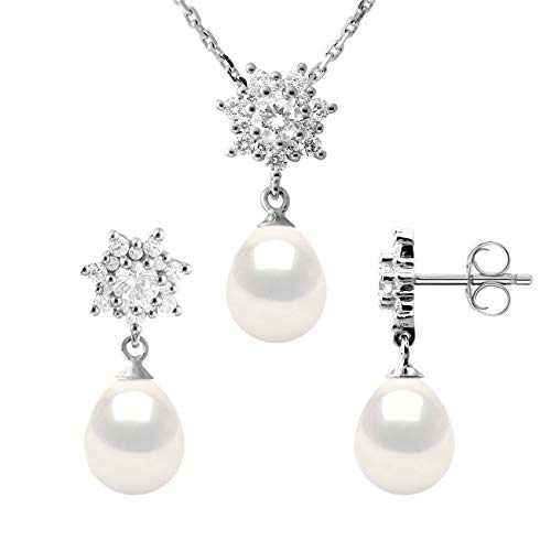 Pearls & Colors – Juego de collar y pendientes – perlas cultivadas de agua dulce – Calidad AAA+ – Plata 925 milésimas – Joya para mujer