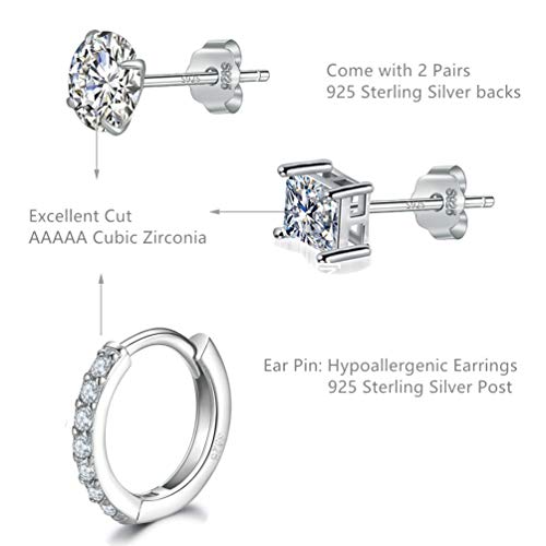 Pendientes de tuerca de plata para mujer | Pendientes de aro de plata de ley 925 con circonita cúbica AAA+, juego de 3 pares de pequeños pendientes para cartílago (4 mm x 2 y 12 mm x 1)