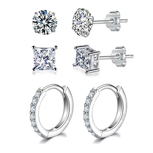 Pendientes de tuerca de plata para mujer | Pendientes de aro de plata de ley 925 con circonita cúbica AAA+, juego de 3 pares de pequeños pendientes para cartílago (4 mm x 2 y 12 mm x 1)