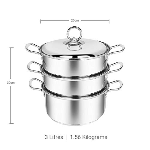 Penguin Home 3009 Professional Induction-Safe Stainless Steel Steamer Set-3 Tier Construction-20 cm/3 Litre, Acero Inoxidable, Mirror Finish, 20 X20 X30 cm
