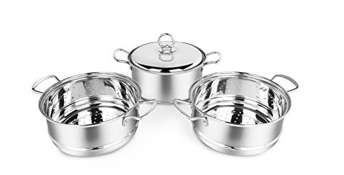 Penguin Home 3009 Professional Induction-Safe Stainless Steel Steamer Set-3 Tier Construction-20 cm/3 Litre, Acero Inoxidable, Mirror Finish, 20 X20 X30 cm