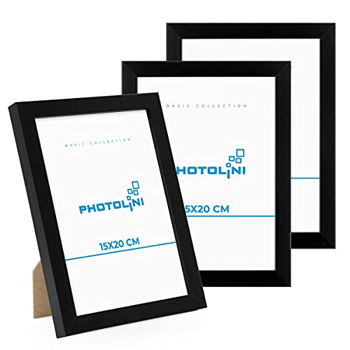 Photolini Juego de 3 Marcos 15x20 cm Modernos, Negros de MDF con Vidrio acrílico, Incluyendo Accesorios/Collage de Fotos/galería de imágenes