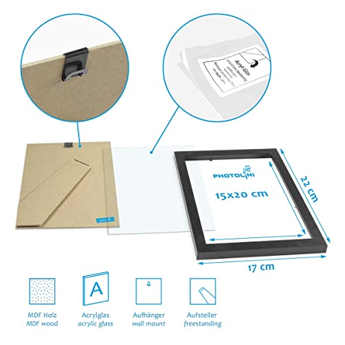 Photolini Juego de 3 Marcos 15x20 cm Modernos, Negros de MDF con Vidrio acrílico, Incluyendo Accesorios/Collage de Fotos/galería de imágenes