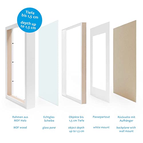 Photolini Juego de 4 Marcos para Objetos Blanco Moderno de MDF 40x50 cm y 50x70 cm con passepartout | para Objetos de hasta 1,5 cm de Profundidad