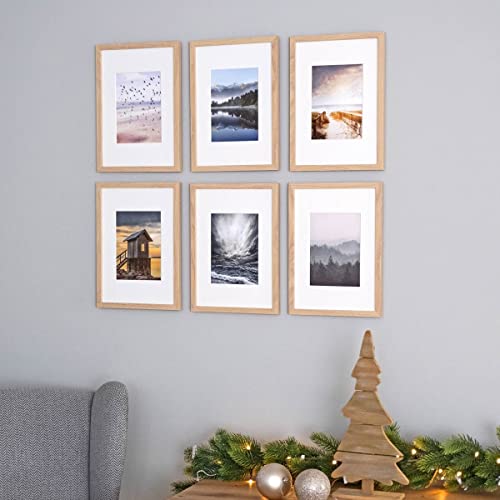 Photolini Juego de 6 Marcos 21x30 cm / A4 con paspartú de 13x18 cm Modernos, Naturales de MDF con Vidrio acrílico, Incluyendo Accesorios/Collage de Fotos/galería de imágenes