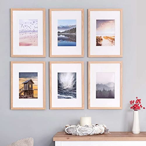 Photolini Juego de 6 Marcos 21x30 cm / A4 con paspartú de 13x18 cm Modernos, Naturales de MDF con Vidrio acrílico, Incluyendo Accesorios/Collage de Fotos/galería de imágenes