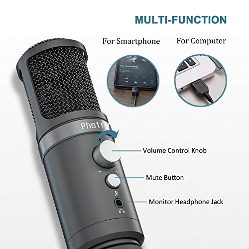 Photry Alta Sensibilidad Micrófono USB con Amplio Rango de Captación para PC/Smartphone - Micrófonos de Condensador Cardioide Profesionales para Grabación, Streaming, Podcasting, Juegos