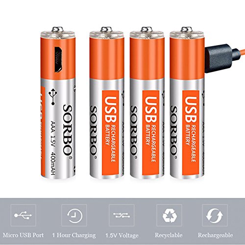 Pilas AAA Recargables, Baterías de Litio Recargables Triple A - Puerto de Carga Micro USB, 1.5V / 400mAh, Pre-Cargadas, 1000 Ciclos, Baterías no Alcalinas/Ni-MH - 4 / Paquete