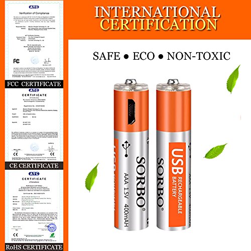 Pilas AAA Recargables, Baterías de Litio Recargables Triple A - Puerto de Carga Micro USB, 1.5V / 400mAh, Pre-Cargadas, 1000 Ciclos, Baterías no Alcalinas/Ni-MH - 4 / Paquete