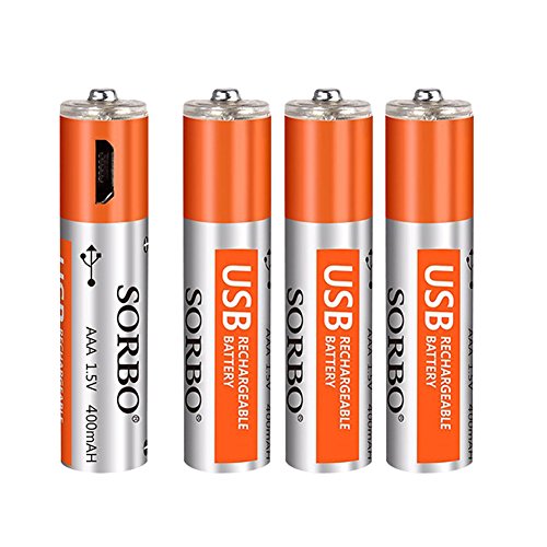 Pilas AAA Recargables, Baterías de Litio Recargables Triple A - Puerto de Carga Micro USB, 1.5V / 400mAh, Pre-Cargadas, 1000 Ciclos, Baterías no Alcalinas/Ni-MH - 4 / Paquete