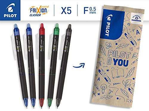 Pilot FriXion Point Clicker 0,5, Bolígrafo retráctil de tinta termosensible borrable, bolígrafo recargable, punta fina, lote de 5 unidades: 1 negro, 2 azules, 1 rojo, 1 verde