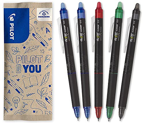 Pilot FriXion Point Clicker 0,5, Bolígrafo retráctil de tinta termosensible borrable, bolígrafo recargable, punta fina, lote de 5 unidades: 1 negro, 2 azules, 1 rojo, 1 verde