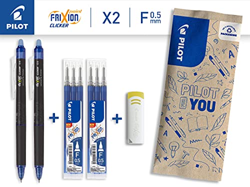 Pilot FriXion Point Clicker - Lote de 2 bolígrafos retráctiles borrables azules de punta fina de 0,5 mm + 2 juegos de 3 recambios azules + goma