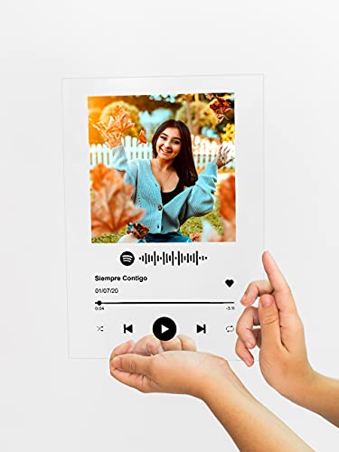 Placa Spotify con diseño personalizable. Foto con Cuadro transparente de Metacrilato. El Regalo Original para parejas aniversario bodas novios y recuerdos. Transparent Gift Pequeña 10x15