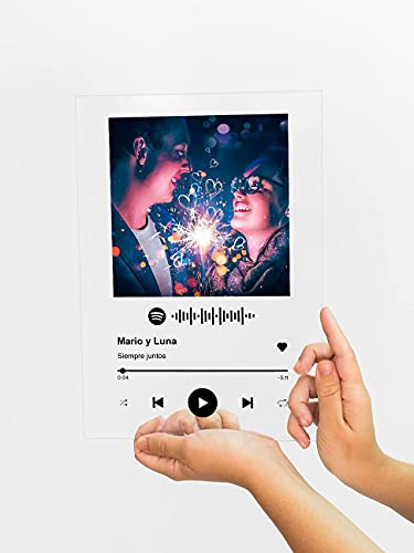 Placa Spotify con diseño personalizable. Foto con Cuadro transparente de Metacrilato. El Regalo Original para parejas aniversario bodas novios y recuerdos. Transparent Gift Pequeña 10x15