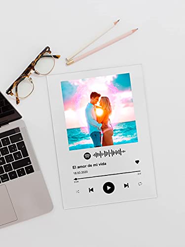 Placa Spotify con diseño personalizable. Foto con Cuadro transparente de Metacrilato. El Regalo Original para parejas aniversario bodas novios y recuerdos. Transparent Gift Pequeña 10x15