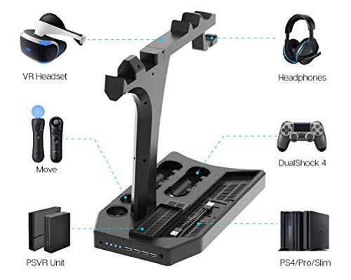 PlayStation Soporte Vertical, PSVR Auriculares Headset Stand, Ventilador de Refrigeración, Estación de carga cargador de controlador DualShock 4 y Move Motion, USB Hub, Mando Charger, PS4, Slim y Pro