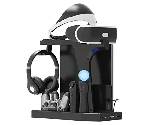 PlayStation Soporte Vertical, PSVR Auriculares Headset Stand, Ventilador de Refrigeración, Estación de carga cargador de controlador DualShock 4 y Move Motion, USB Hub, Mando Charger, PS4, Slim y Pro