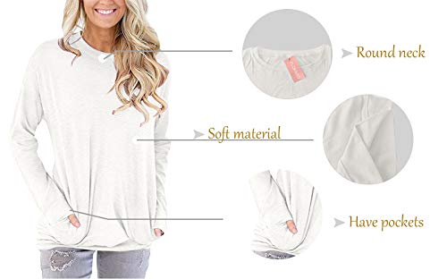 PLOKNRD Sudaderas con Cuello Redondo para Mujer Casual de Manga Larga Llanura Tops Sueltos Túnica(Blanco,XXL