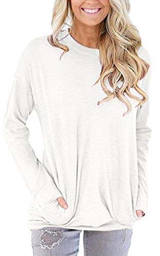 PLOKNRD Sudaderas con Cuello Redondo para Mujer Casual de Manga Larga Llanura Tops Sueltos Túnica(Blanco,XXL