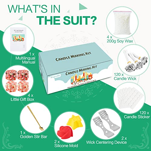 Popolic 120 PCS Mecha Vela con 800 g Cera de Soja, Mechas de Velas Naturales, Kit de Vela de Bricolaje con 120 Pegatinas de Doble Cara Regalos Originales para Mujer Regalo y Decoración de Navidad