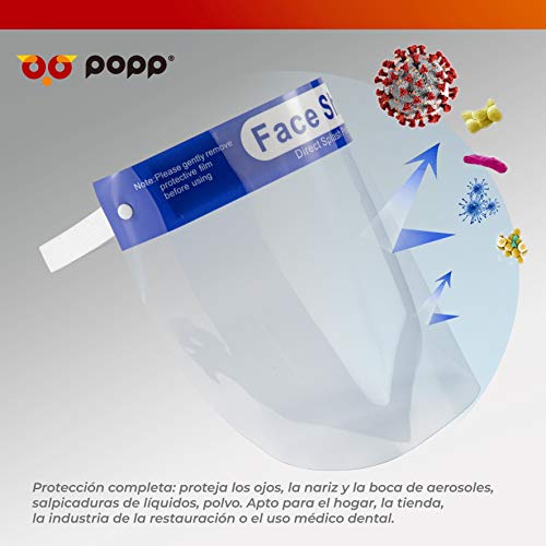 POPP® Pantalla doble Protección Facial Transparente antivaho reutilizables, pack 5PCS 10 PCS 20 PCS 30PCS 50PCS 100 PCS ajustable al rostro completo material PE-188um (Pack 50 PCS)