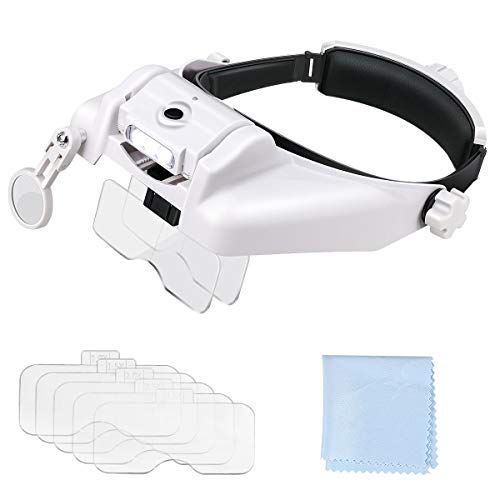 Powcan Gafas Lupa Visera con Luz LED,Manos Libres Lupa Relojero Leer, Soldar, Extensiones de Pestañas, Reparación de Joyería, 6 Lentes Intercambiables 1.0X, 1.5X, 2.0X, 2.5X, 3.5X, 8X