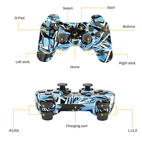 Powcan Mando Inalámbrico PS3, Bluetooth PS3 Gamepad Controller Doble vibración Mando a Distancia Joystick para Playstation 3 y PC Windows 7/8/9/10 con Cable de Carga USB (Azul)