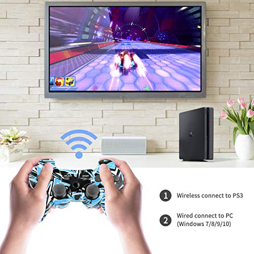 Powcan Mando Inalámbrico PS3, Bluetooth PS3 Gamepad Controller Doble vibración Mando a Distancia Joystick para Playstation 3 y PC Windows 7/8/9/10 con Cable de Carga USB (Azul)