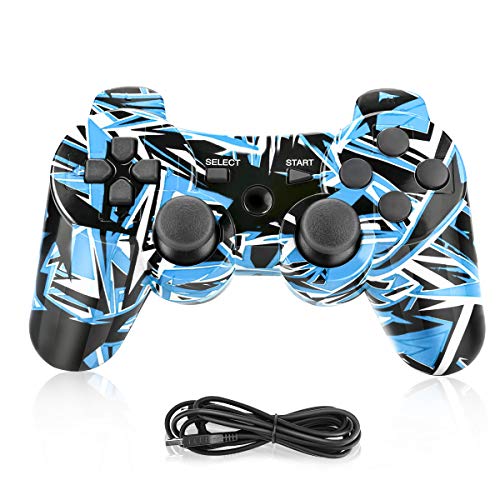 Powcan Mando Inalámbrico PS3, Bluetooth PS3 Gamepad Controller Doble vibración Mando a Distancia Joystick para Playstation 3 y PC Windows 7/8/9/10 con Cable de Carga USB (Azul)