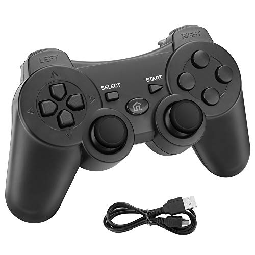 Powcan Mando Inalámbrico PS3, Bluetooth PS3 Gamepad Controller Doble vibración Mando a Distancia Joystick para Playstation 3 y PC Windows 7/8/9/10 con Cable de Carga USB (Negro)