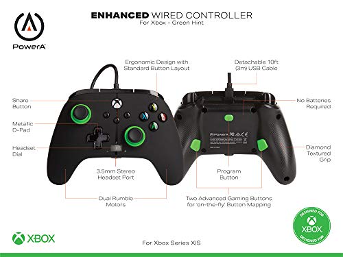 Power a - Mando con Cable, Salida de Audio y Botones Programables, de Color Negro y Verde Para Xbox One y Xbox Serie X (Xbox Series X)
