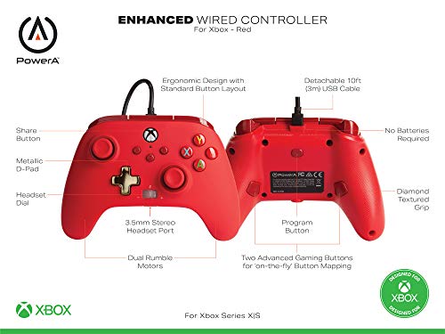 Power A - Mando con cable, salida de audio y botones programables, de color rojo para Xbox One y Xbox serie X (Xbox Series X)