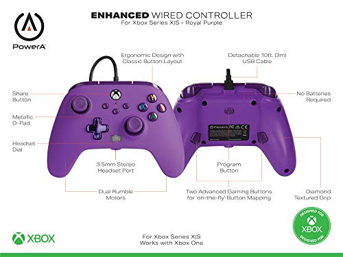 PowerA - Mando con cable mejorado para Xbox Series X y S, color morado (Royal Purple)