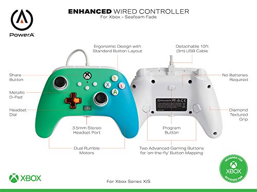 PowerA - Mando con cable mejorado para Xbox Series X y S, espuma de mar decolorado en colores azul, verde y turquesa, exclusivo de Amazon