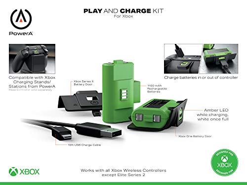 PowerA Play and Charge Kit de Carga para Mandos Xbox One y Xbox X|S, Cargador Compatible con Base de Carga de Xbox, 2 Baterías Recargables con Indicadores LED, 4 Tapas de Batería – Negro y Verde