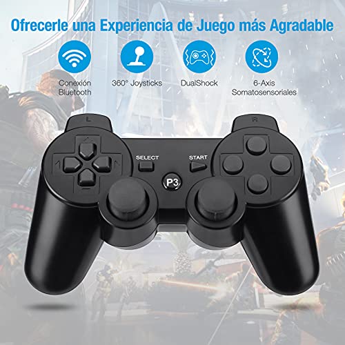 Powerextra Mando Inalámbrico para PS3, 2 Pack Wireless Bluetooth Six-Axis Playstation 3 Gamepad Joystick Controlador con Doble Vibración Recargable Controller con Cable para PS-3(Negro)