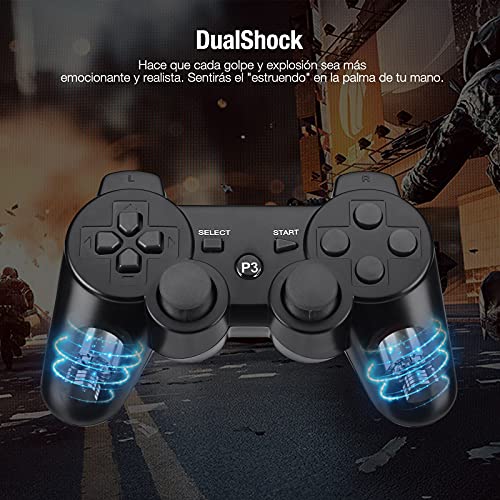 Powerextra Mando Inalámbrico para PS3, 2 Pack Wireless Bluetooth Six-Axis Playstation 3 Gamepad Joystick Controlador con Doble Vibración Recargable Controller con Cable para PS-3(Negro)