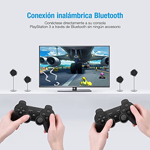 Powerextra Mando Inalámbrico para PS3, 2 Pack Wireless Bluetooth Six-Axis Playstation 3 Gamepad Joystick Controlador con Doble Vibración Recargable Controller con Cable para PS-3(Negro)