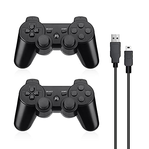 Powerextra Mando Inalámbrico para PS3, 2 Pack Wireless Bluetooth Six-Axis Playstation 3 Gamepad Joystick Controlador con Doble Vibración Recargable Controller con Cable para PS-3(Negro)