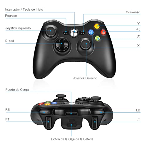 Powerextra Mando Inalámbrico para Xbox 360 - Controlador de Gamepad Wireless Bluetooth Alta Sensibilidad Joystick con Doble Vibración Ergonomía para Xbox 360 Windows XP 7 10 -Bluetooth 10 Metros Negro