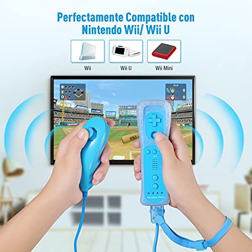 Powerextra Mando para Wii, 2 en 1 Mando Wii Motion Plus y Nunchunk Wii Remote Wireless Compatible Nintendo Wii y Wii U con Funda de Silicona y Muñequera - Azul