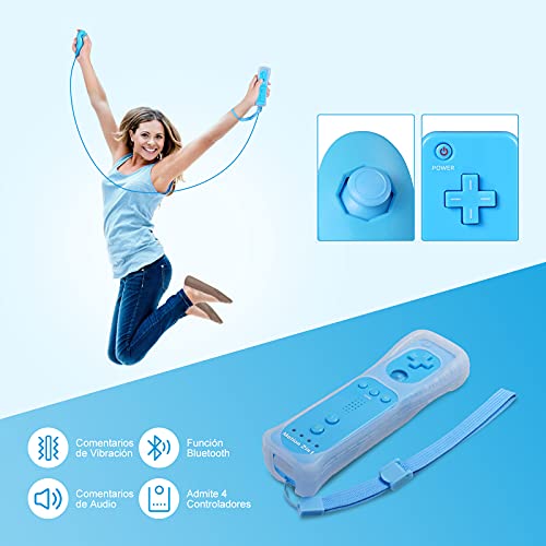 Powerextra Mando para Wii, 2 en 1 Mando Wii Motion Plus y Nunchunk Wii Remote Wireless Compatible Nintendo Wii y Wii U con Funda de Silicona y Muñequera - Azul