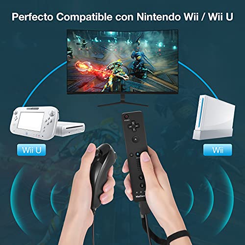 Powerextra Mando para Wii, 2 en 1 Mando Wii Motion Plus y Nunchunk Wii Remote Wireless Compatible Nintendo Wii y Wii U con Funda de Silicona y Muñequera - Negro