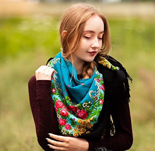 Precioso Auténtico Ruso Pavlovo Posad Bufanda Chal Vintage Folk 100% Lana con flecos de lana, (Negro con Rosas Rojas-3)