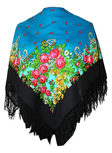 Precioso Auténtico Ruso Pavlovo Posad Bufanda Chal Vintage Folk 100% Lana con flecos de lana, (Negro con Rosas Rojas-3)