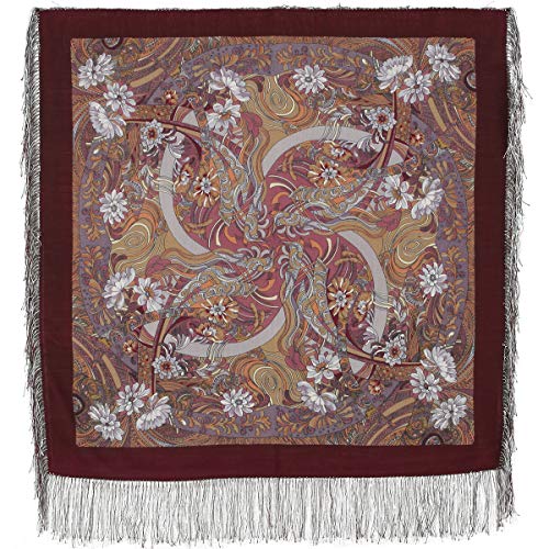 Precioso auténtico ruso Pavlovo Posad bufanda chal vintage folk 100% lana con flecos de seda, tamaño 89 cm x 89 cm