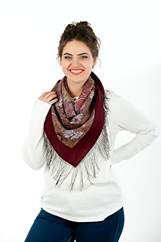 Precioso auténtico ruso Pavlovo Posad bufanda chal vintage folk 100% lana con flecos de seda, tamaño 89 cm x 89 cm